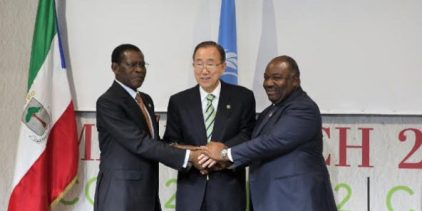 Teodoro Obiang Nguema Mbasogo, Ban Ki-moon y Ali Bongo Ondimba.